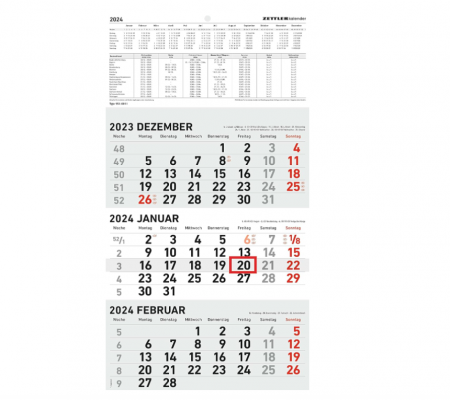 Organizare si arhivare - Calendar triptic ZETTLER 2024, limba germana, 23.7 x 44.8 cm
