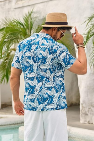 Cămașă hawaiană cu manecă scurtă pentru barbati Beotyshow, albastru/alb, 3XL [2]