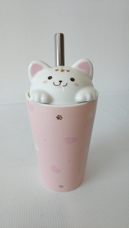 Cana din ceramica cu capac si pai, model  de pisica, 480 ml [2]