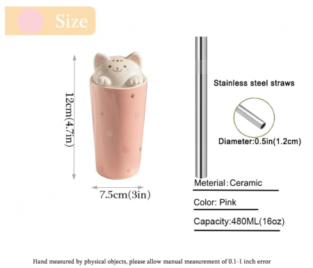 Cana din ceramica cu capac si pai, model  de pisica, 480 ml [6]