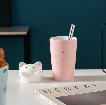 Cana din ceramica cu capac si pai, model  de pisica, 480 ml [7]