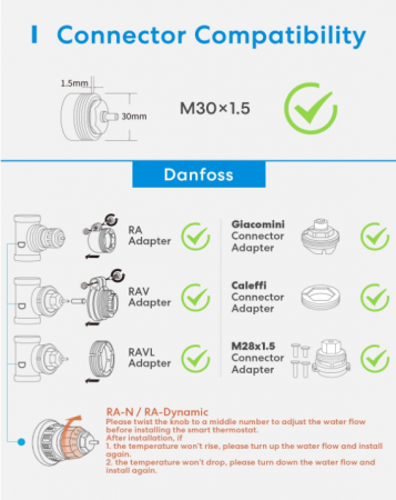 Cap termostatic inteligent pentru radiator Meross compatibil cu HomeKit, Wifi, M30 x 1,5 mm, 6 adaptoare [3]