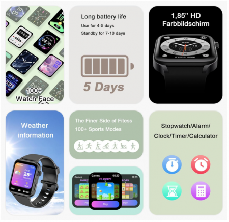 Ceas inteligent fitness unisex, de 1,85 inchi cu SpO2, ritm cardiac, monitorizare somn [6]