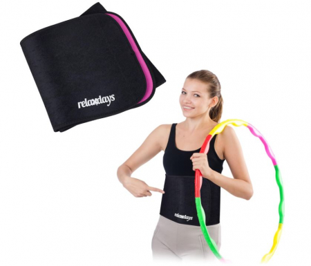 Accesorii Fitness - Centura abdominala Relaxdays pentru antrenament cu cerc Hula Hoop, 90 cm, negru/roz