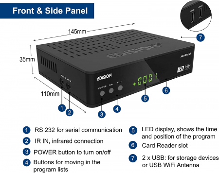 Cititor de carduri H.265/HEVC USB ,receptor satelit EDISION Piccollino DVB-S2 Full HD - NEGRU [2]