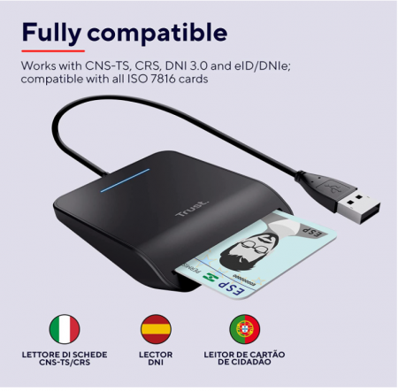 Cititor de carduri inteligent Trust Primo, Smartcard Reader, DNI, FIPS 201, FIPS TAA și ISO 7816 Clasa A, B, C conform, cablu de 100 cm, USB Plug & Play, negru [2]