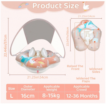 Colac de înot pentru bebeluși cu parasolar detașabil VEEKAY, pentru copii intre 3-36 luni, roz [7]