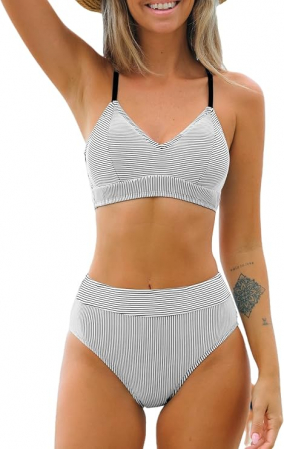 TOATE PRODUSELE - Costum de baie din 2 piese CUPSHE, bikini cu talie înaltă, cu dungi, XL