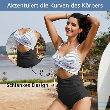 Costum de baie intreg pentru femei PONCEAU, Control pe burta cu talie inalta, alb/negru, 2XL [3]