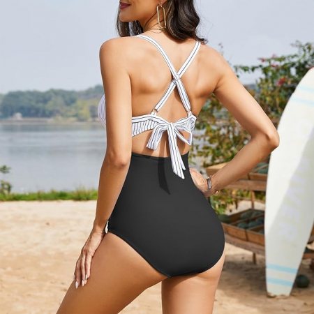 Costum de baie intreg pentru femei PONCEAU, Control pe burta cu talie inalta, alb/negru, 2XL [4]
