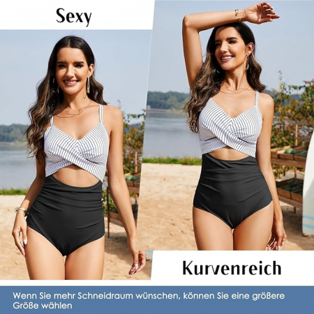 Costum de baie intreg pentru femei PONCEAU, Control pe burta cu talie inalta, alb/negru, 2XL [2]