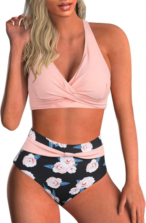 Fashion - Costum de baie pentru femei Adigaber, 2 piese, slip cu talie inalta, roz, M