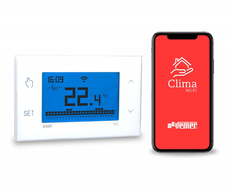 Sisteme Incalzire - Cronotermostat Vemer VE785700 TUO WIFI LITE WiFi, de perete, controlabil cu aplicație, iOS și Android, compatibil cu Google Home și Amazon Alexa, alb