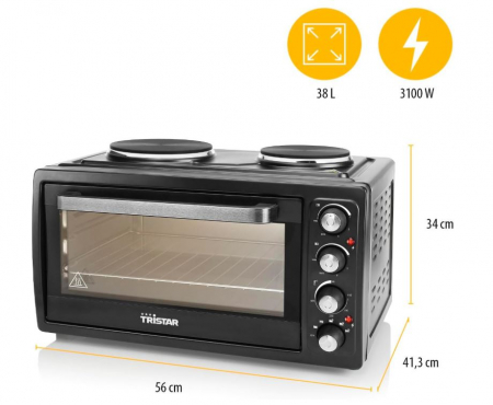 Cuptor electric Tristar OV-1443, cu 2 arzatoare deasupra, 3100W, 38L, negru [9]