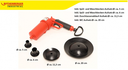 Curățător de țevi, scurgeri ROTHENBERGER Industrial  cu aer comprimat, 4 adaptoare de cauciuc, pentru teava din baie, bucatarie, toaleta, 150000006 [1]