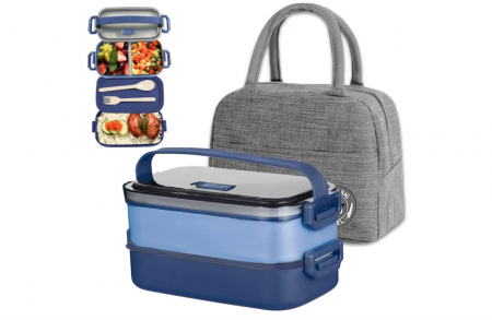 TOATE PRODUSELE - Cutie de prânz Haoh cu sac, 1600 ml, cu compartimente și tacâmuri, fără BPA, albastru