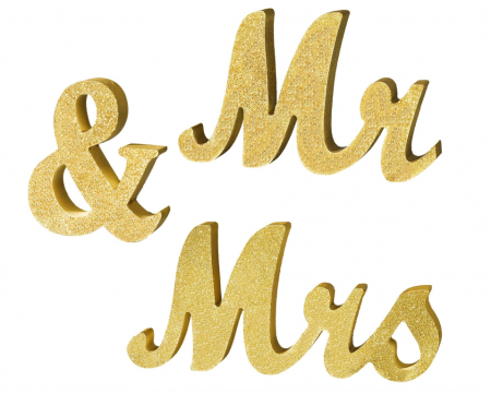 TOATE PRODUSELE - Decor pentru nuntă cu "Mr and Mrs" (Domn si Doamna), din lemn, cu sclipici auriu