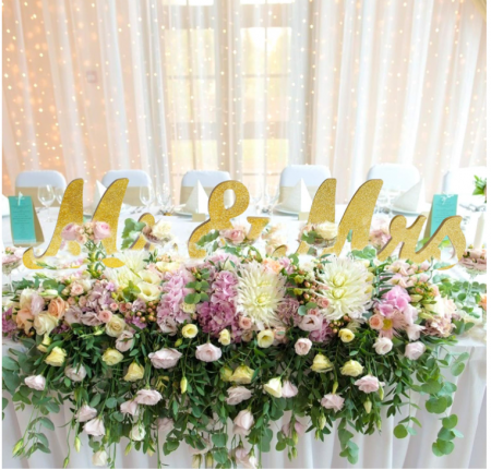 Decor pentru nuntă cu "Mr and Mrs" (Domn si Doamna), din lemn, cu sclipici auriu [6]