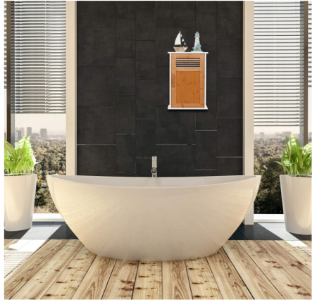 Dulap de baie suspendat Relaxdays, MDF, din bambus, 2 niveluri, alb-maro [9]