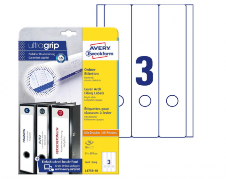 Organizare si arhivare - Etichete universale AVERY L4759-10 pentru biblioraft (27 Etichete cu Ultra Grip, 61 x 297 mm) 9 Foi, Alb