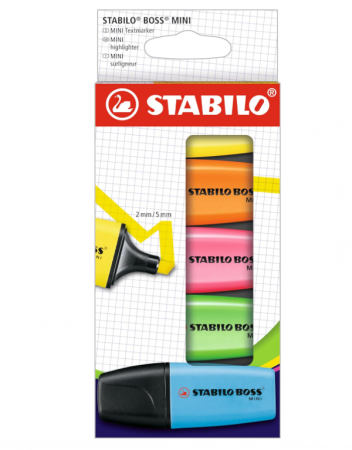 Birotica & Papetarie - Evidentiator, Highlighter STABILO BOSS, set de 5 culori, galben, portocaliu, roz, verde și albastru