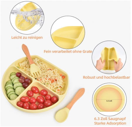 Farfurie pentru copii din silicon Aulese, veselă antiderapantă, fără BPA, galben [4]