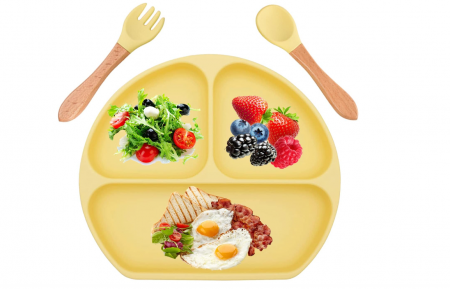 Jucarii, Copii & Bebe - Farfurie pentru copii din silicon Aulese, veselă antiderapantă, fără BPA, galben