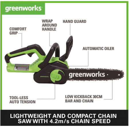 Ferăstrău fără fir Greenworks G40CS30IIK2 cu baterie, lungime bară 30 cm, baterie și încărcător 40 V 2 Ah [4]