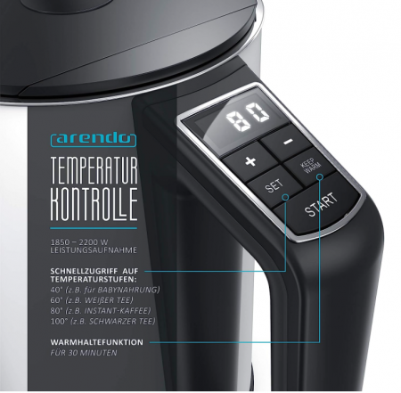 Fierbător apa Arendo din oțel inoxidabil, 40-100 de grade, 1,5 litri, 2200 W, GS [2]
