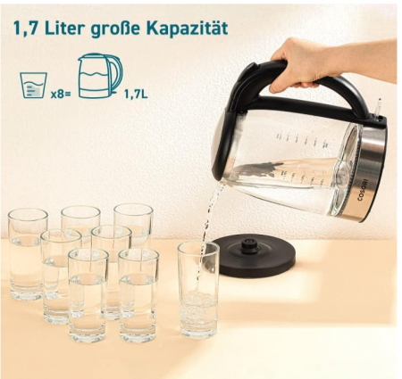 Fierbător electric din sticlă COSORI, 1.7L, 2200W, oțel inoxidabil, fără BPA [2]