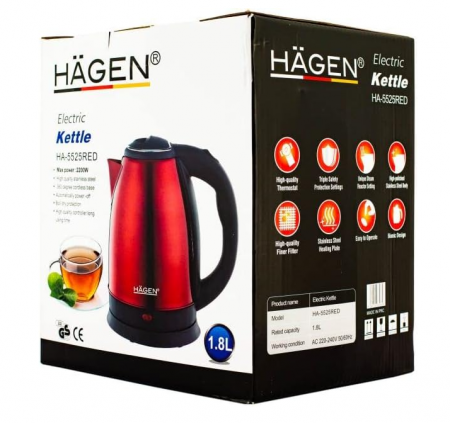 Fierbător electric Hagen, 1.8L, oțel inoxidabil, fără fir, HA5525-RED [7]