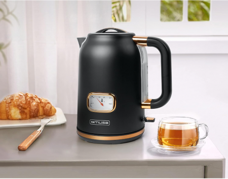 Fierbător electric MUSE, retro, 2200W, afișaj al temperaturii, 1,7 L, oprire automată, negru mat/auriu (MS-030 BC) [3]