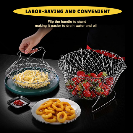 Filtru de prăjit – coș de scurgere vase cu fructe, filtru pliabil multifuncțional din oțel inoxidabil - GLODMIKY [4]