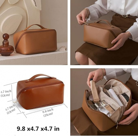 Geantă cosmetică de călătorie Owlfun, din piele impermeabilă, maro [3]