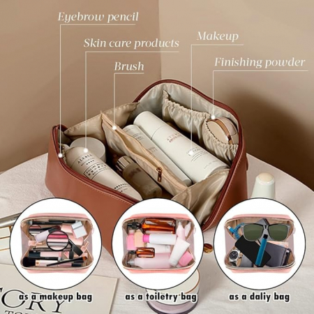 Geantă cosmetică de călătorie Owlfun, din piele impermeabilă, maro [2]