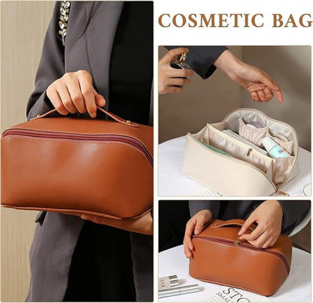 Geantă cosmetică de călătorie Owlfun, din piele impermeabilă, maro [4]