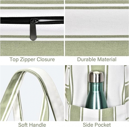 Geantă de plajă Oscaurt pentru femei, alb cu dungi verzi [2]