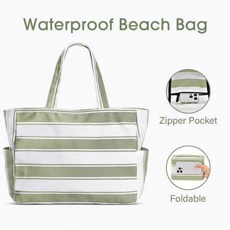 Geantă de plajă Oscaurt pentru femei, alb cu dungi verzi [4]