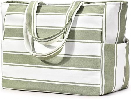Geantă de plajă Oscaurt pentru femei, alb cu dungi verzi [0]