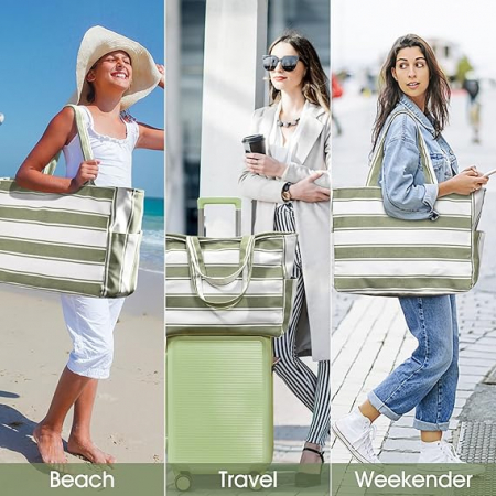 Geantă de plajă Oscaurt pentru femei, alb cu dungi verzi [6]