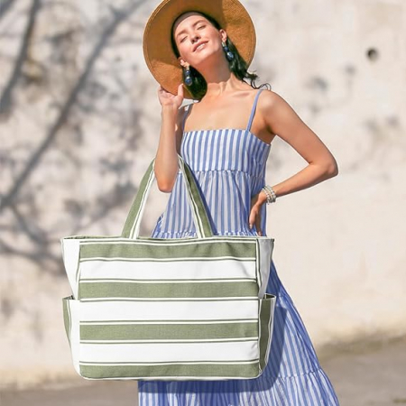 Geantă de plajă Oscaurt pentru femei, alb cu dungi verzi [1]