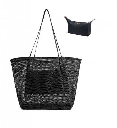 Fashion - Geanta de plaja pentru femei Flintronic, din plasa, 45 x 35 x 16 cm, negru