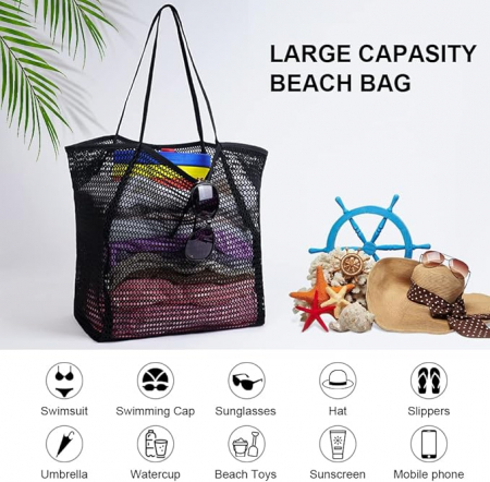 Geanta de plaja pentru femei Flintronic, din plasa, 45 x 35 x 16 cm, negru [2]