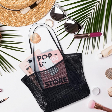 Geanta de plaja pentru femei Flintronic, din plasa, 45 x 35 x 16 cm, negru [5]