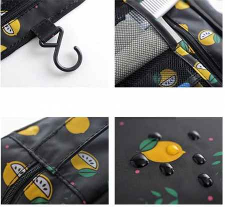 Geantă de toaletă YumSur, cu cârlig pentru agățat, gri, imprimeu cu lamaie [2]