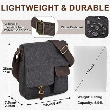 Geantă de umăr vintage din pânză Kasgo, unisex, gri [3]