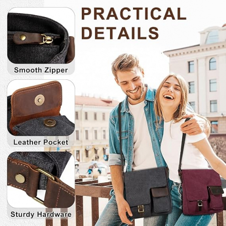 Geantă de umăr vintage din pânză Kasgo, unisex, gri [6]