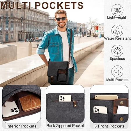 Geantă de umăr vintage din pânză Kasgo, unisex, gri [4]