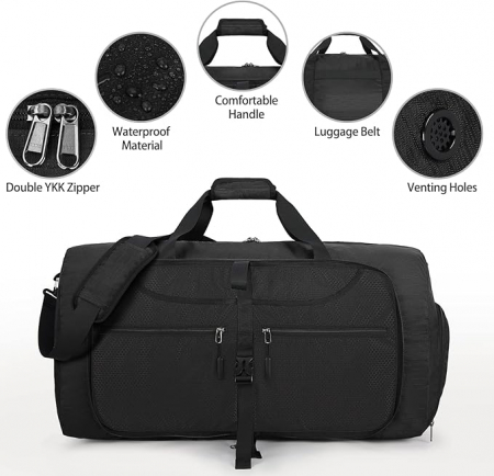 Geantă de voiaj Lubardy, impermeabilă, pliabilă, capacitate mare de 65L, neagră [6]