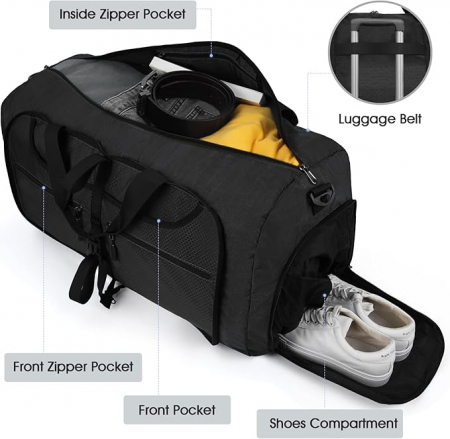 Geantă de voiaj Lubardy, impermeabilă, pliabilă, capacitate mare de 65L, neagră [4]